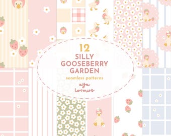 Silly Goose Strawberry Seamless Pattern, Goose Seamless Files, Summer Digital Paper, Patchwork Seamless Pattern, Whimsical Digital Paper