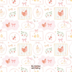 May include: A repeating pattern featuring watercolor illustrations of chickens, strawberries, bows, and floral accents in soft pink, white, and green hues. The design includes framed images and scattered elements, creating a whimsical and charming aesthetic.