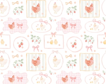 Coquette Chicken Patchwork Seamless Pattern with Bows and Chicks, Watercolor Farm Design, Strawberries Seamless File, Pastel Colors