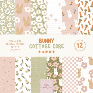 Peut inclure: Douze papiers numériques sans couture de 30,48 cm x 30,48 cm, avec des motifs de lapins et de fleurs aux couleurs pastel. Les motifs comprennent des lapins, des carottes, des fleurs et du vichy. Le texte "BUNNY COTTAGE CORE" est en orange.