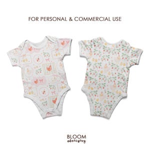 May include: Two white baby onesies with short sleeves. One features a pattern of chickens, eggs, and bows in pink and peach. The other has a pattern of strawberries, chickens, and leaves. Text at the top reads "FOR PERSONAL & COMMERCIAL USE".