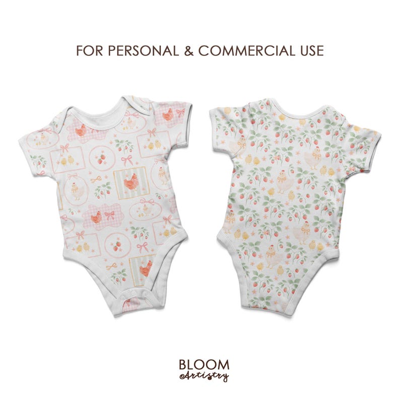 May include: Two white baby onesies with short sleeves. One features a pattern of chickens, eggs, and bows in pink and peach. The other has a pattern of strawberries, chickens, and leaves. Text at the top reads "FOR PERSONAL & COMMERCIAL USE".