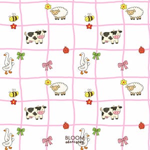 May include: A repeating pattern of farm animals and insects on a white background with a pink grid. The pattern includes cows, sheep, bees, ladybugs, and ducks. Pink bows and yellow flowers are also scattered throughout the design.