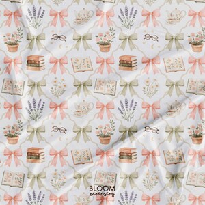 May include: Watercolor pattern featuring bows, books, eyeglasses, teacups, and floral arrangements in soft pastel colors. The design includes lavender sprigs and potted flowers, creating a whimsical, vintage aesthetic. The text "BLOOM artistry" is visible.