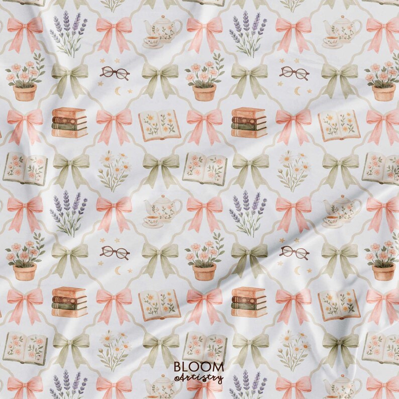May include: Watercolor pattern featuring bows, books, eyeglasses, teacups, and floral arrangements in soft pastel colors. The design includes lavender sprigs and potted flowers, creating a whimsical, vintage aesthetic. The text "BLOOM artistry" is visible.
