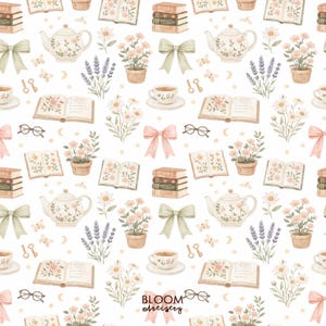 Bookish Seamless Pattern, Girly Coquette Repeat File, Book Lover Digital Paper, Bow Design