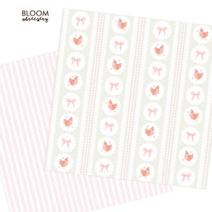 May include: Two sheets of decorative paper. One sheet features a pattern of pink and white stripes. The other sheet has a repeating pattern of pink chickens, bows, and lace-like circles on a light green background. The text "BLOOM Artistry" is in the upper left corner.