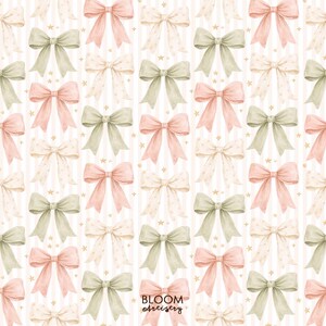 May include: A repeating pattern of watercolor bows in soft pink, sage green, and cream colors, with gold star accents. The bows are arranged on a background of vertical stripes. The text "BLOOM artistry" is at the bottom.