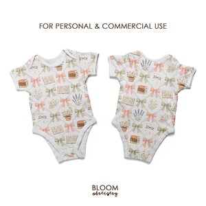 May include: Two white baby onesies with a repeating pattern of bows, books, eyeglasses, and flowers in soft pastel colors. The text "FOR PERSONAL & COMMERCIAL USE" is at the top. The Bloom Artistry logo is at the bottom.