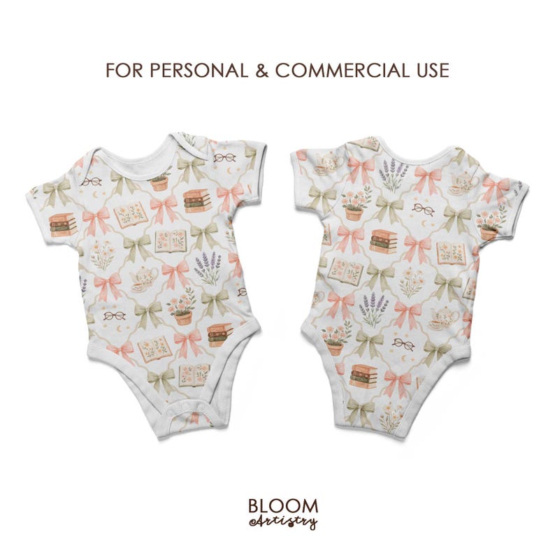 May include: Two white baby onesies with a repeating pattern of bows, books, eyeglasses, and flowers in soft pastel colors. The text "FOR PERSONAL & COMMERCIAL USE" is at the top. The Bloom Artistry logo is at the bottom.