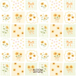 Könnte beinhalten: Ein sich wiederholendes Muster mit Aquarellillustrationen von Sonnenblumen, Schleifen und Bienen. Das Design enthält Quadrate mit Vichy-, Streifen- und floralen Hintergründen in Pastellgelb, Grün und Rosa. Der Text "BLOOM ARTISTRY" ist sichtbar.