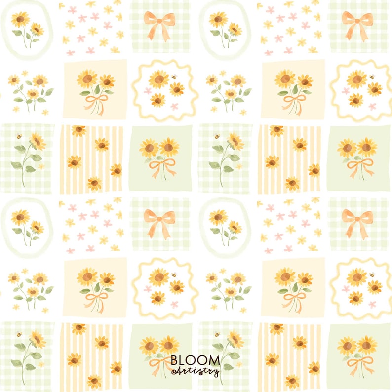 May include: A repeating pattern featuring watercolor illustrations of sunflowers, bows, and bees. The design incorporates squares with gingham, striped, and floral backgrounds in pastel yellow, green, and pink. The text "BLOOM ARTISTRY" is visible.