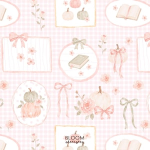 Puede incluir: Un patrón repetitivo sobre un fondo de cuadros vichy rosa claro con ilustraciones en acuarela de calabazas, libros, lazos y flores. El diseño incluye viñetas enmarcadas y elementos florales dispersos con el texto Bloom Artistry.