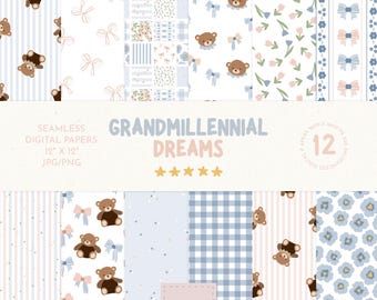 Grandmillenial naadloos patroon, roze strik digitaal papier, Cottage Core naadloos bestand, naadloze patchworkpatroon png, bloemen, strepen, plaid