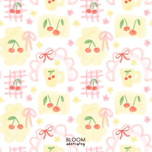 May include: A repeating pattern of watercolor illustrations featuring cherries, mugs, bows, and floral elements in shades of yellow, pink, and red on a white background. The text "BLOOM Artistry" is at the bottom.