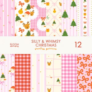 Könnte beinhalten: Eine Sammlung von 12 nahtlosen Weihnachtsmustern in Rosa, Rot und Weiß. Die Muster zeigen skurrile Illustrationen von Rentieren, Gänsen, Weihnachtsbäumen, Schleifen und Ornamenten. Der Text "SILLY & WHIMSY CHRISTMAS seamless patterns" ist zu sehen.