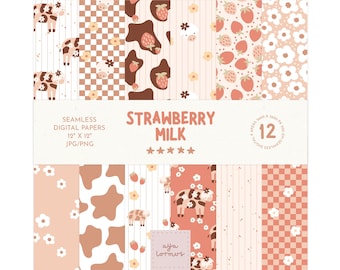 Cow Seamless File, Strawberry Seamless Pattern, Farm Seamless File, Pink Cow Print png, Cottage Core Pattern, Strawberry Digital Background