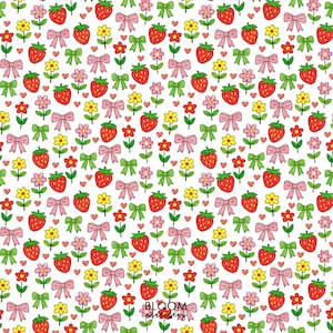 May include: A repeating pattern of red strawberries, pink and green bows, yellow and red flowers, and small red hearts on a white background. The text "BLOOM prettys" is at the bottom right.