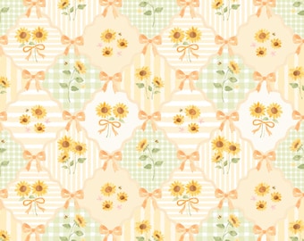 Patchwork Sunflower Seamless Pattern, Checkered Floral Digital Paper, Spring Scrapbook Paper, Watercolor Summer Design