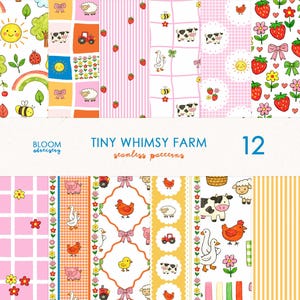 May include: A collection of twelve seamless patterns with a farm theme. The patterns feature illustrations of farm animals, strawberries, flowers, and a tractor. The text "TINY WHIMSY FARM seamless patterns" is displayed. The color palette includes pink, yellow, and green.