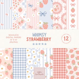 Peut inclure: Ensemble de 12 papiers numériques sans couture, chacun de 30,48 cm x 30,48 cm, avec des motifs fantaisistes de fraises. Les motifs comprennent des fraises, des nœuds, des fleurs et du vichy en rose pastel, bleu et blanc. Le texte "WHIMSY STRAWBERRY" est affiché.