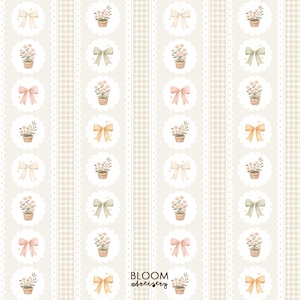 Puede incluir: Patrón repetitivo con lazos y flores en macetas sobre un fondo beige claro. Los lazos son en tonos rosa, amarillo y verde. Las flores están en macetas de terracota. El fondo tiene rayas verticales y un patrón de cuadros.