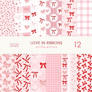 Pode incluir: Uma coleção de 12 padrões sem costura em tons de rosa e vermelho, com vários desenhos de laços. Os padrões incluem bolinhas, listras e xadrez, com o texto "LOVE IN RIBBONS" e "seamless patterns".