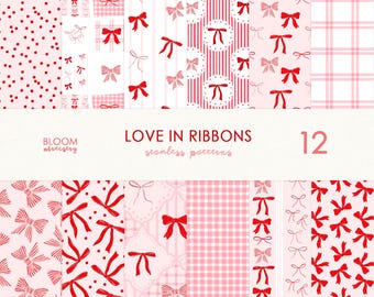 Coquette Bow Rose Seamless Patterns, Bow Digital Design, Spring Seamless Files, Valentine Seamless Pattern, Red Digital Paper Pack