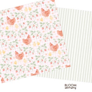 May include: Two sheets of patterned paper. One features a repeating pattern of watercolor hens, chicks, and strawberries on a pink gingham background. The other has vertical light green and white stripes. The Bloom Artistry logo is in the bottom right corner.