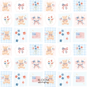 May include: A repeating pattern featuring patriotic elements. The design includes teddy bears holding American flags, bows, bouquets of flowers, and American flags. The background alternates between blue gingham, blue stripes, and white. The text "BLOOM Artistry" is visible.