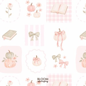 May include: A seamless pattern featuring watercolor illustrations of light pink pumpkins, books with bookmarks, bows, and small flowers on a white background. Some elements are set against soft pink gingham or striped squares. The text Bloom Artistry is visible.