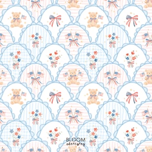 May include: A repeating pattern featuring teddy bears holding American flags, bows, and floral bouquets in red, white, and blue. The design is set against a backdrop of scalloped edges and striped and checkered patterns.