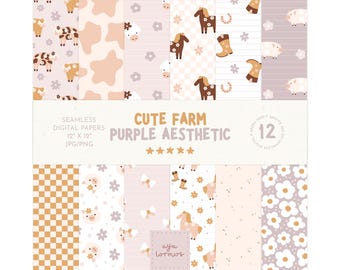 Western Seamless Pattern, Trendy Farm Animal Seamless File, Purple Hand Drawn Digital Paper, Cute Fabric Seamless Pattern, Cow & Daisy png