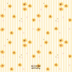 May include: Watercolor pattern featuring yellow sunflowers, small bees, and pink star-shaped flowers on a light yellow and white striped background. The text "BLOOM Artistry" is at the bottom.