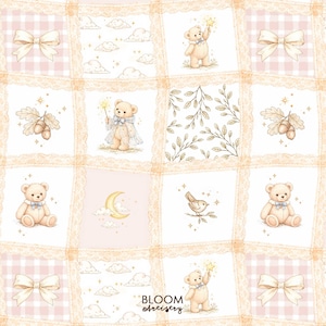May include: A patchwork design featuring teddy bears, bows, clouds, acorns, and a crescent moon. The squares are bordered with lace and set against a pink and white gingham background. The text "Bloom Artistry" is visible.