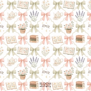 May include: A repeating pattern with watercolour illustrations of books, teacups, flowers, bows, and spectacles. The design includes stacks of books, lavender, and potted flowers in a soft, pastel colour palette. The text "BLOOM Artistry" is visible.