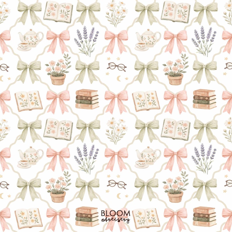 May include: A repeating pattern featuring watercolor illustrations of books, teacups, flowers, bows, and eyeglasses. The design includes stacks of books, lavender, and potted flowers in a soft, pastel color palette. The text "BLOOM Artistry" is visible.