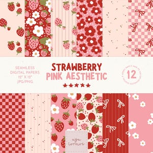 May include: A set of 12 seamless digital papers with a strawberry and pink aesthetic. The designs feature strawberries, flowers, bows, and checkered patterns in red and pink hues. The papers are 30.48 cm x 30.48 cm in size.