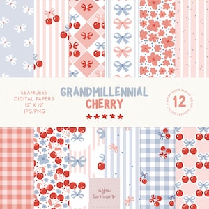 May include: A collection of 12 seamless digital papers with a "Grandmillennial Cherry" theme. The designs feature patterns of cherries, bows, stripes, and floral elements in shades of pink, blue, and white. Each paper is 12" x 12" and available in JPG/PNG format.