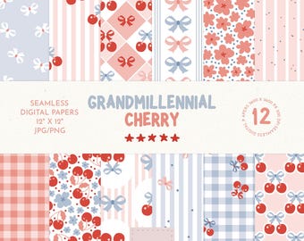 Grandmillenial Seamless Pattern, Cherry Seamless Pattern, Pink Bow Digital Paper, Checkered Cottage Core Seamless File, Baby Digital Paper
