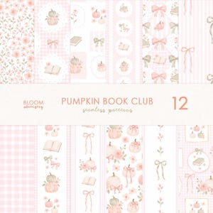 May include: A collection of 12 seamless digital patterns titled PUMPKIN BOOK CLUB, featuring soft pink and white color palettes. Designs include illustrations of pumpkins, open books, bows, roses, and stripes in various grid and vertical layouts.