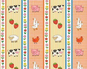 Farm Animal Stripe Seamless Pattern, Bright Summer Digital Paper, Whimsy Seamless Pattern, Playful Design with Pig Goose Chicken, Cute Print