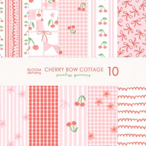 Puede incluir: Una colección de diez patrones digitales sin costuras con ilustraciones en acuarela de cerezas rojas, lazos rosas, cuadros vichy, rayas y líneas onduladas. El texto BLOOM ARTISTRY CHERRY BOW COTTAGE 10 seamless patterns está centrado en una banda blanca.