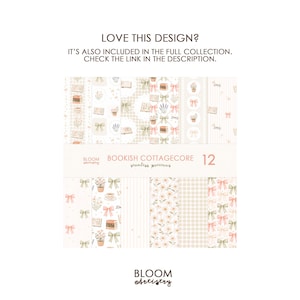 May include: A collection of 12 seamless patterns with a bookish cottagecore theme. The patterns feature books, bows, flowers, and other decorative elements in soft pastel colors. The text "BOOKISH COTTAGECORE" and "BLOOM artistry" are visible.
