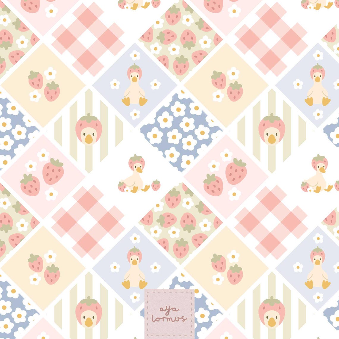 Silly Pattern Block Silly Goose & Strawberry Seamless Pattern, Patchwork Summer Digital ...