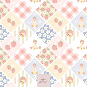 May include: A repeating pattern with a patchwork design. It features strawberries, ducks, and floral elements in pink, yellow, blue, and white. The design incorporates gingham, stripes, and floral patterns. The text "aya lormus" is visible in the lower right corner.