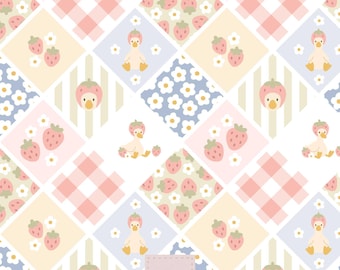 Padrão sem costura de ganso bobo e morango, papel digital patchwork de verão, padrão xadrez cottagecore sem costura, arquivo sem costura de estampa em bloco