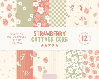 Patrones sin costuras de fresa, archivo sin costuras Cottage Core, papel digital de fresa, patrón de fresa a cuadros, fresa sin costuras png