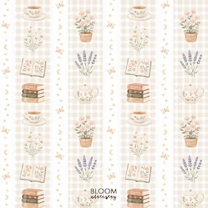 Gestreifte Bücherwurm nahtlose Muster, Gingham Cottage Core Rapportdatei, Buchliebhaber Design