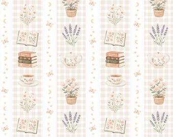 Striped Bookish Seamless Pattern, Gingham Cottage Core Repeat File, Book Lover Design